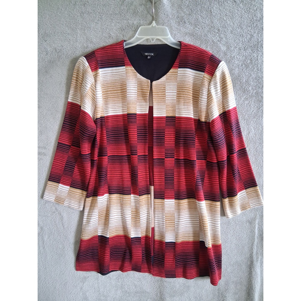 Misook Cardigan L Red Gold Striped Knit Open Front Metallic Career Mod Longline